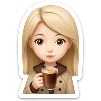 Adorable chibi girl holding a glass of Nescafe, saying “Anneee ☕🥹”, big sparkling eyes, simple cartoon style, beige and brown tones, clean background, sticker design sticker