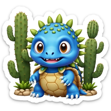 A blue creature with fangs, alien googly eyes, claws, wings, with white dots, and a turtle shell. it looks strong. with a lion face and cactus hands sticker
