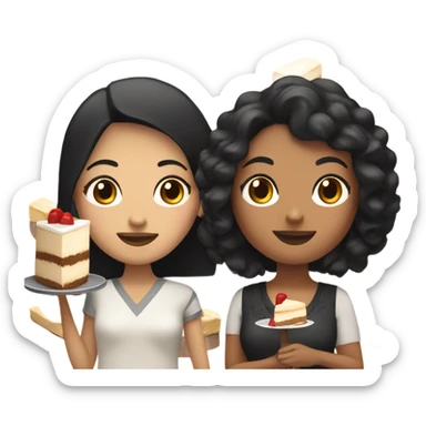 A tan skin woman with curly black hair and an asian woman with straight black hair sharing a cheesecake sticker