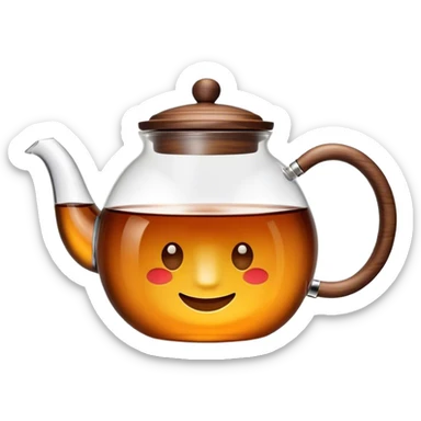 Cinematic realistic emoji depicting a transparent teapot with a realistic wooden lid and glass handle, filled with fragrant tea, rich texture, without unnecessary decoration sticker
