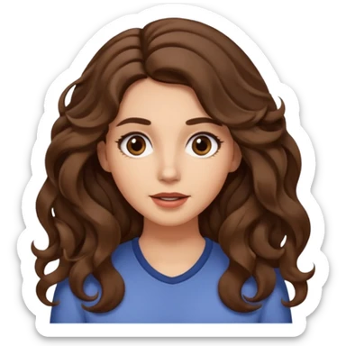 She has long, brown hair styled in soft wavy curls with a middle part. She has well-shaped eyebrows and dark brown eyes. She is wearing light makeup that highlights her natural beauty and is offering a slight smile to the camera. She is surprise sticker