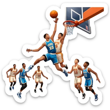An icon featuring a basketball court with players in action, inspired by NBA 2K25. A player jumps for a dunk, with the ball mid-air. Bright lights illuminate the court, symbolizing the excitement of sports simulation games. Transparent background emphasizes the energy. sticker