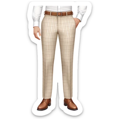 beige dress pants with distinct white grid pattern, formal trousers with clear white check pattern, cuffed hem, tailored pants with white plaid design, isolated garment only sticker