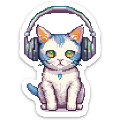 a cool cat listening to music with headphones, pixel art style sticker