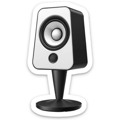 Single simple black desktop speaker, one round white cone with black center, boxy shape, clean white background, product photo. sticker