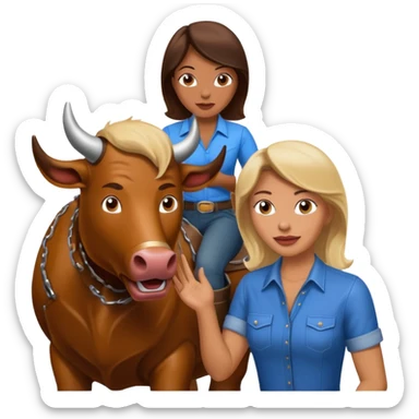 40 year old women talking to a guy in front of a mechanical bull sticker
