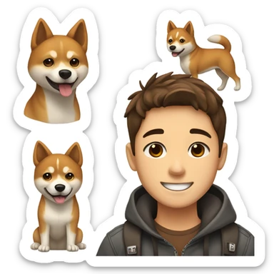 boy with brown hair with brown eyes and wide brows 12 years smiling and hugging with dog shiba inu  sticker