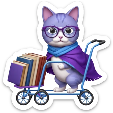 Purple and blue cat with reading glasses and a shawl, pushing a cart full of books sticker