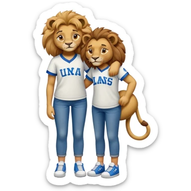 friendly anthropomorphised female lion wearing a baseball shirt, jeans, and trainers, comforting another character sticker