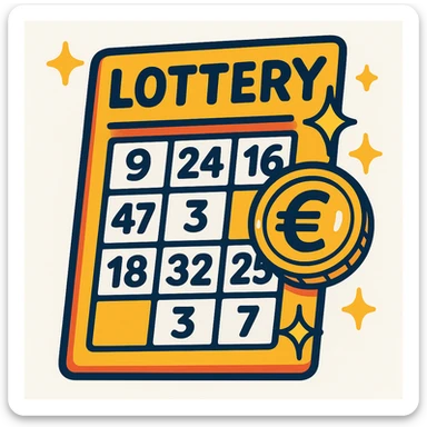 cute stylized lottery ticket with European aesthetic, random number boxes, shining euro coin symbol, sparkle effect, colorful cartoon-like design, lucky vibe, no text or logos, white background sticker