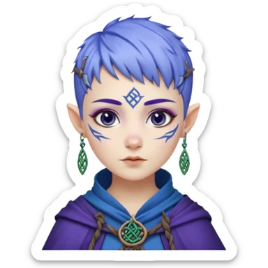 Frost wizard woman short pixie blue violet hair and cheek painted with a Celtic runes with Asian eyes and Celtic amulets  sticker