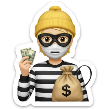 A yellow guy with a black beanie white black striped shirt a black mask for it's eyes and holding a money bag with yellow hair sticker