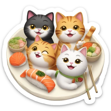 four HAPPY cats having SUSHI DINNER sticker