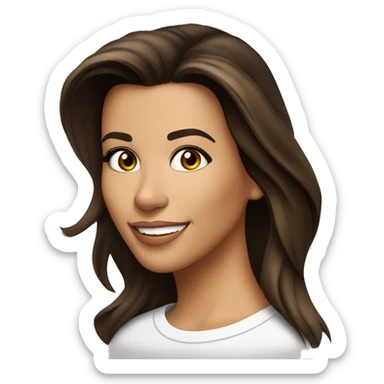 3/4 face, contrasted, shadow, light, Eva Longoria expression, happy, thin nose, brunette woman, hazel eyes, long eyelashes, dark shoulder shaded hair, white t-shirt sticker