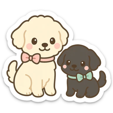 large light cream colored goldendoodle and small black golden retriever, chibi style, both wearing bows sticker