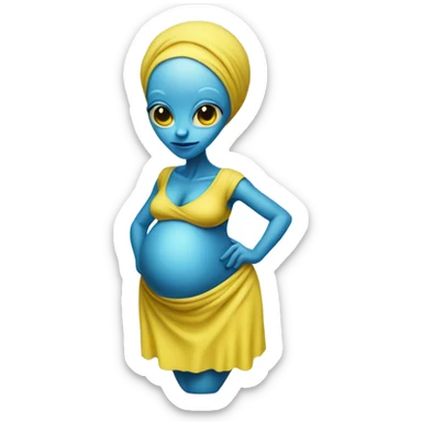 Pregnant blue alien woman, full body, on jellow dress sticker