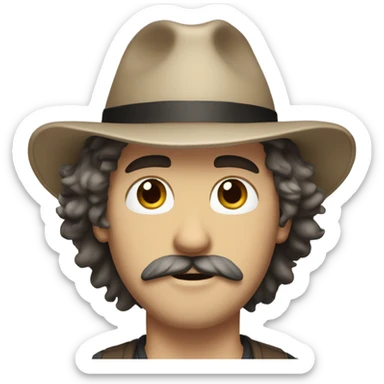 White guy with medium length shaggy hair and a hat. Brown eyes and a classic mustache no beard. Black hair sticker