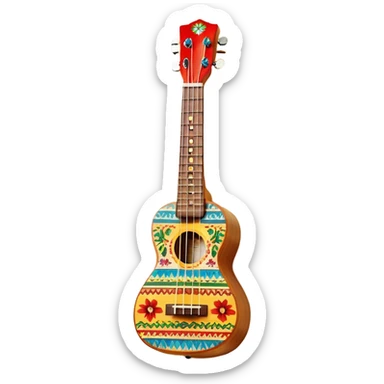 Create a vibrant and artistic emoji representing a ukulele with a Mexican design. The ukulele should feature a bright, colorful body with traditional Mexican patterns, such as geometric shapes, floral motifs, or colorful stripes. Use rich, warm tones like red, yellow, green, and blue to give the instrument a lively, festive look. Highlight the wood grain of the ukulele’s neck and fingerboard, and add subtle details like decorative inlays or a small Mexican flag symbol on the body. The strings should be clearly visible, and the instrument should be in a slightly angled position to showcase its unique design. The background should be transparent. sticker