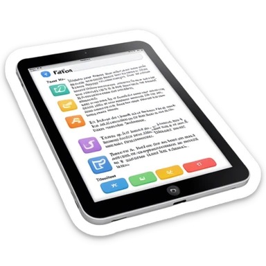 Create an emoji representing fanfiction writing. The design should feature a digital device tablet with visible text, symbolizing the creative process of writing fanfiction. Add a subtle reference to popular fictional characters or universes to indicate the fan aspect. Use a playful, imaginative color palette, blending vibrant tones with soft neutrals. Do not include any emojis or smiley faces. Make the background transparent. sticker