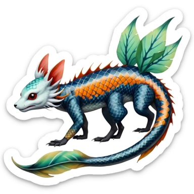 Edgy badass swimmy wet painted intricate ornate Japanese Asian koi-Sergal-Lykoi-Linoone-Electrike-Leafeon-fusion-hybrid-animal-Fakémon-creature, full body, thin long sleek scaly tail, intricate markings sticker