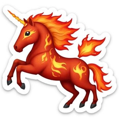 A red fast horse made of embers, magma, and visible lava, with flames burning around it and ash particles floating sticker