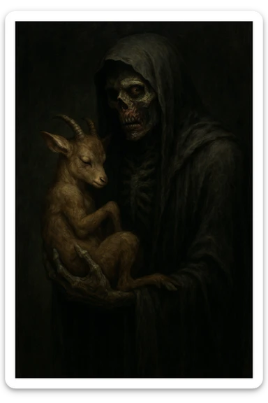 The grim reaper holding a faun in his left hand, his face is dark, half skeleton and half zombie, dramatic and eerie style. sticker