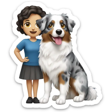 Brunette woman with short hair holding blue Merle Australian shepherd sticker
