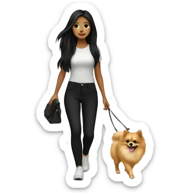 pale girl with long black hair wearing black pants walking with pomeranian sticker