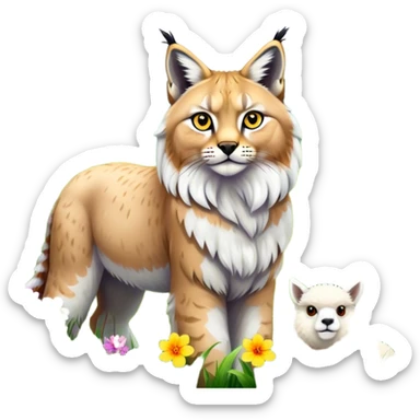 Collage of exotic animals: a lynx with striking eyes, and a fluffy alpaca standing in a lush meadow. The lynx gazes intently while the alpaca looks calm and curious. Surrounded by vibrant plants and flowers. Transparent background for a lively, colorful scene. sticker