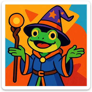 frog wizard shrugging, cartoon style, playful, colorful sticker
