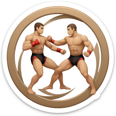 An icon symbolizing wrestling martial arts, featuring two stylized figures locked in a dynamic grappling pose. The background shows abstract elements representing strength and technique, with a circular design to represent unity and focus. Transparent background sticker