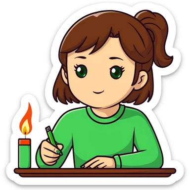 Very happy Girl with brown hair and green eyes with a table lighter  sticker