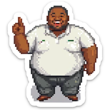a fat black man pointing and laughing, simple and bold, pixel art style sticker