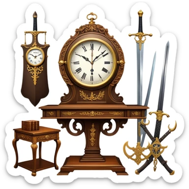 Icon for Antiques Collecting: a vintage clock, intricately carved furniture, famous paintings, antique swords, and rifles. The items are displayed on a wooden table or shelf. The icon should evoke the rich history and craftsmanship of antique collecting. Transparent background. sticker