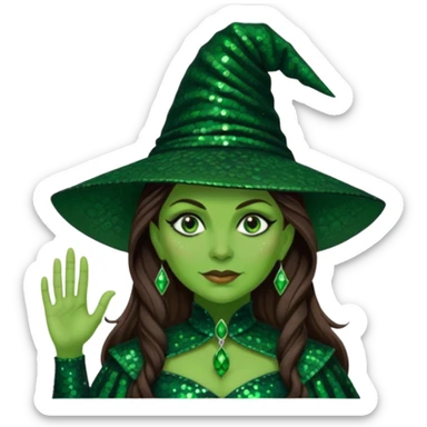 Elphaba, Wicked Witch of the West from The Wizard of Oz with long brown hair, dark green sequin outfit, green skin sticker