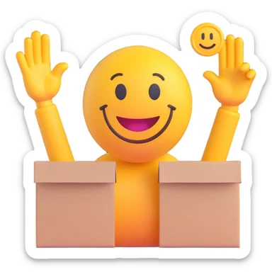 3D smiley emoji, round shape, courier: only two hands, one holding a package, the other waving, funny face, transparent background sticker