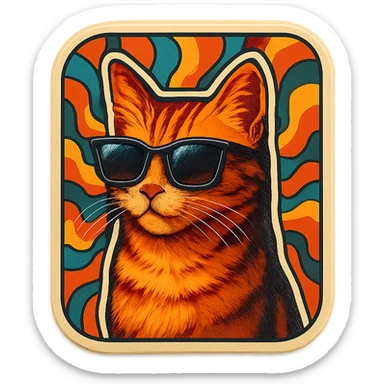 A cat with sunglasses in a retro 70s style, with a funky patterned background. sticker