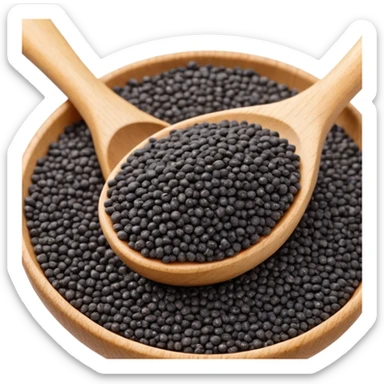 small black chia seeds in a wooden spoon sticker