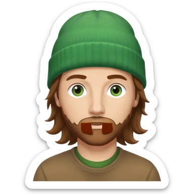 white man
aged 40
Blue eyes, 
mid length brown wavy hair
Green beanie hat sticker