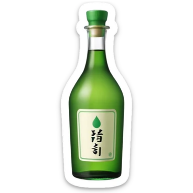 A clean, cute emoji-style green soju bottle, small Korean soju bottle with green glass, simple label in Korean style, minimal flat design, soft shading, centered, white or transparent background, high contrast, rounded friendly emoji look, 1:1 aspect ratio, app icon style sticker