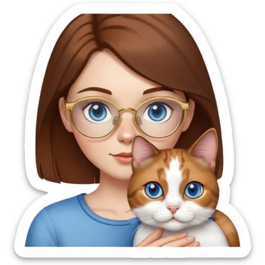 White girl with blue eyes, brown hair, freckles, and gold glasses, holding a small calico cat sticker