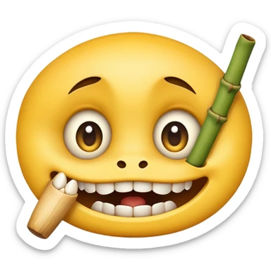 classic yellow emoji face with large eyes biting firmly on bamboo muzzle, teeth visible sticker