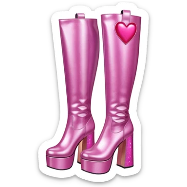 glittery pink platform knee high gogo boots with heart on side sticker