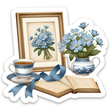 A timeless arrangement of a dusty blue silk ribbon loosely wrapped around a bundle of aged letters, with pressed white flowers and a porcelain tea set in the background.
 sticker