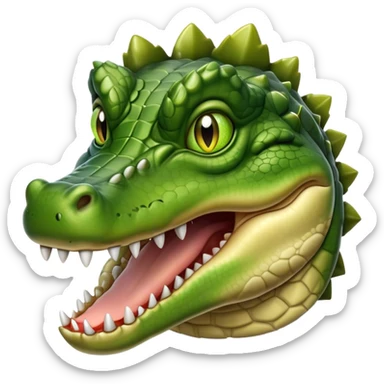 Cinematic Realistic Noble Crocodile Portrait Emoji, Poised and formidable, with a massive, muscular build and a rugged, intricately textured scaly hide in deep olive-green with natural camouflaged patterns, a powerful, fearsome jaw and piercing, ancient eyes rendered in lifelike detail, high shine, intelligent and imposing, styled with an air of primal authority, focused and attentive, soft glowing outline, capturing the essence of a watchful and confident crocodile that appears ready to surge out of the screen with effortless power! sticker