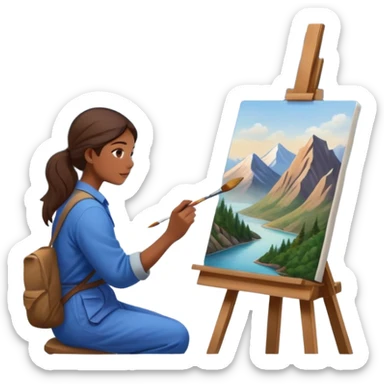 Artist painting a beautiful mountain peak destination on canvas sticker