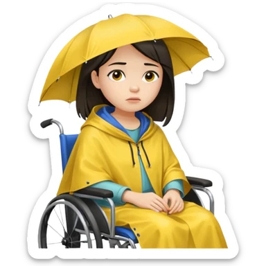 Girl with dark hair  in a wheelchair with rain poncho sad  sticker