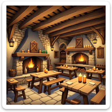 cozy medieval fantasy tavern with wooden beams, fireplace, and tables where adventurers gather sticker