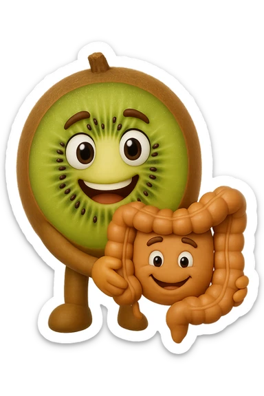 emoji stile iphone di kiwi che tengono in mano un pezzo di colon con espressione felice in volto, iperrealistico 4k sticker