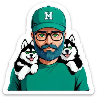 A bold man with a grey baseball cap, green eyes, big beard and glasses holding a husky dog sticker